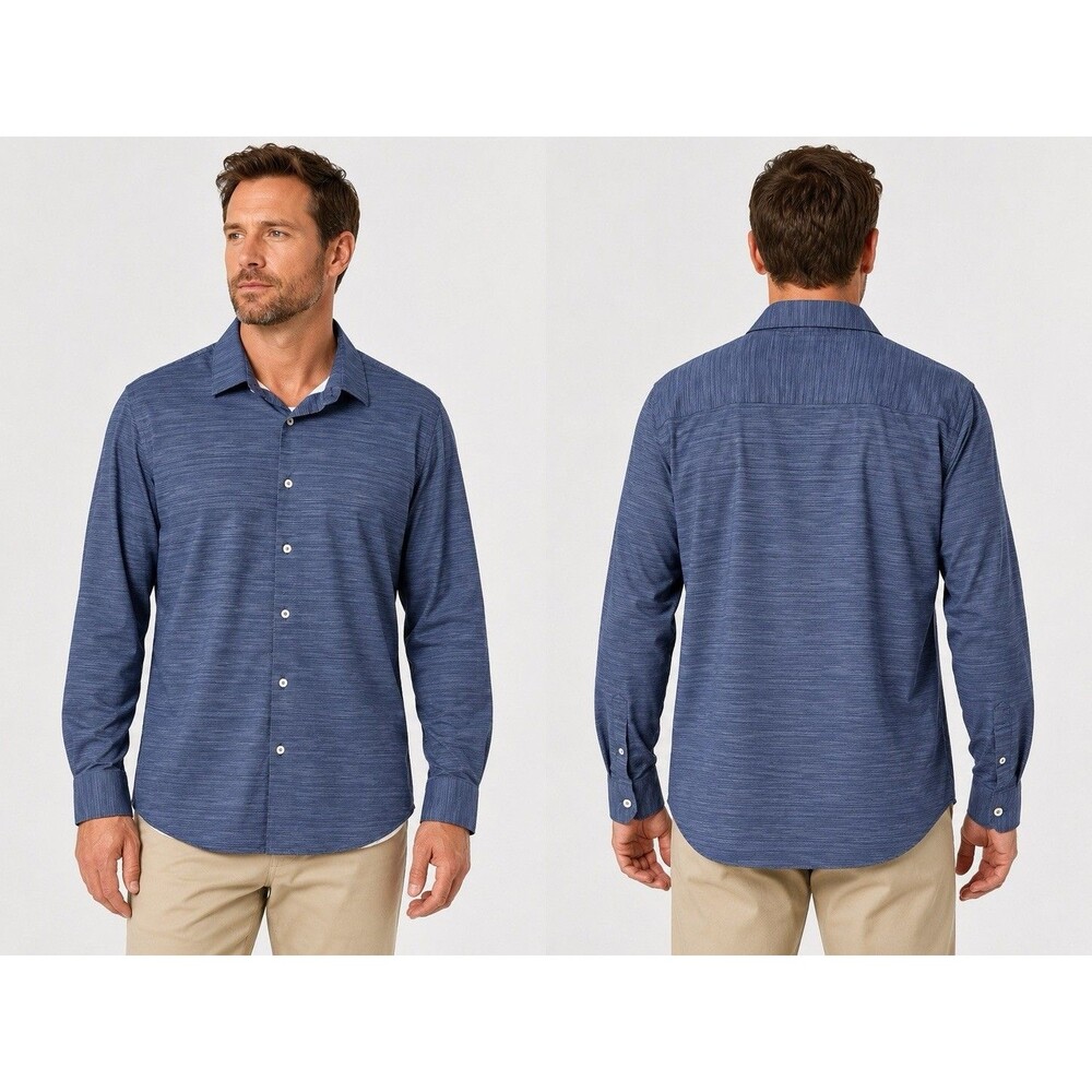 BUGATCHI Mens Blue 8-Way Stretch Long Sleeve Button-Up Shirt Cotton Blend